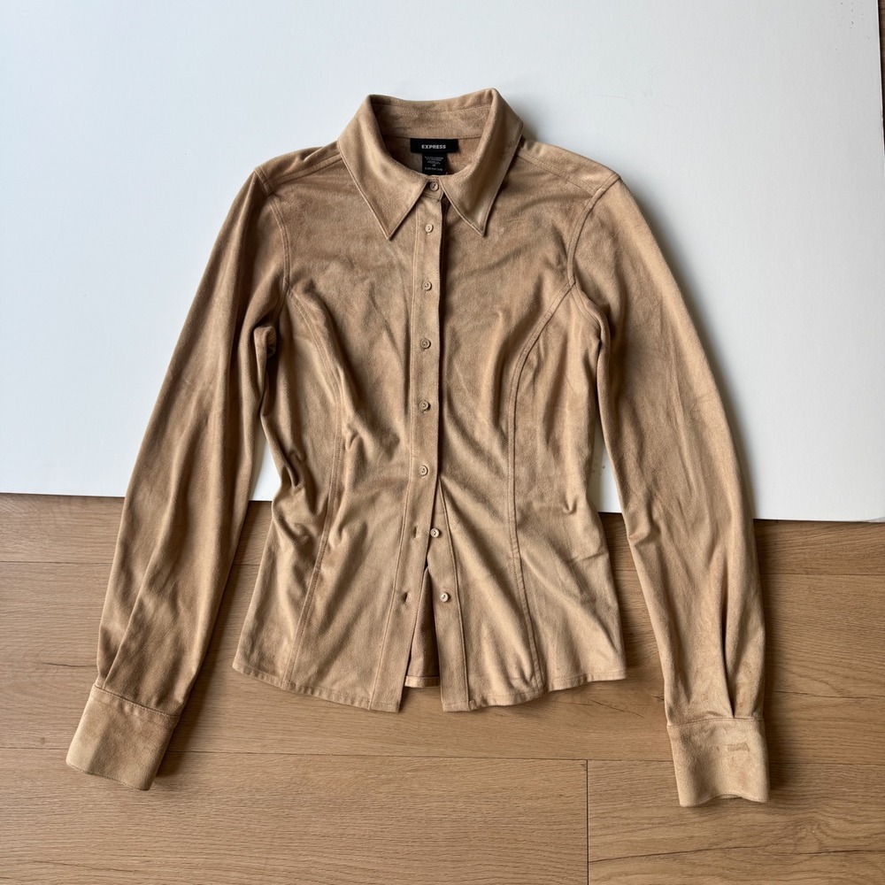 Y2K Express Brown Faux Suede Button Up Long Sleeve Shirt Women Small